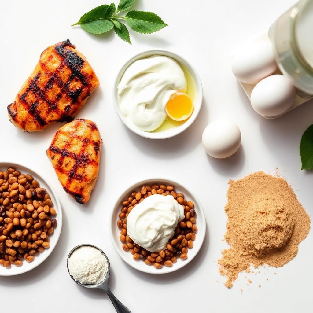 A bright overhead arrangement of protein-rich foods including grilled chicken, eggs, Greek yoghurt, lentils and a scoop of protein powder