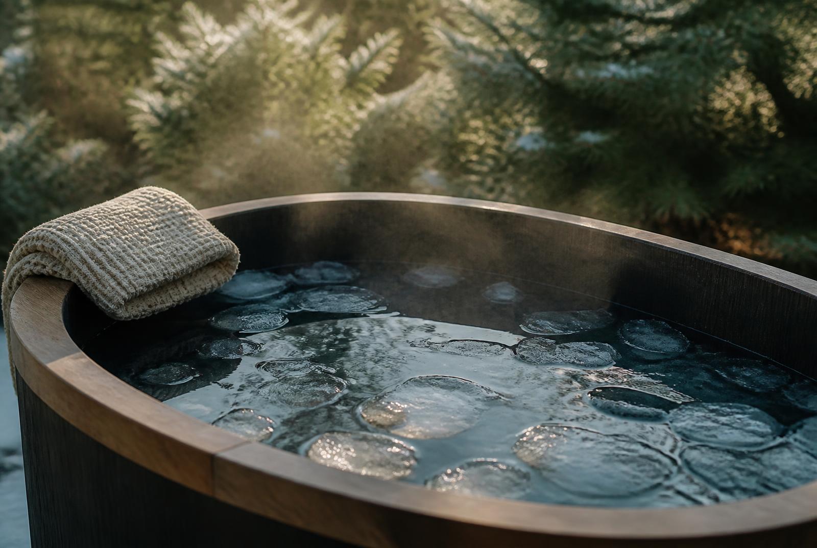 An outdoor cold plunge ice bath with floating ice and mist rising from the water
